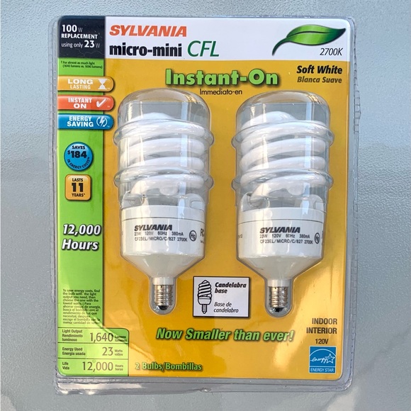 Sylvania Candelabra Base Micro-Mini Compact Fluorescent Light Bulbs 2-Bulb Pack - Picture 1 of 6